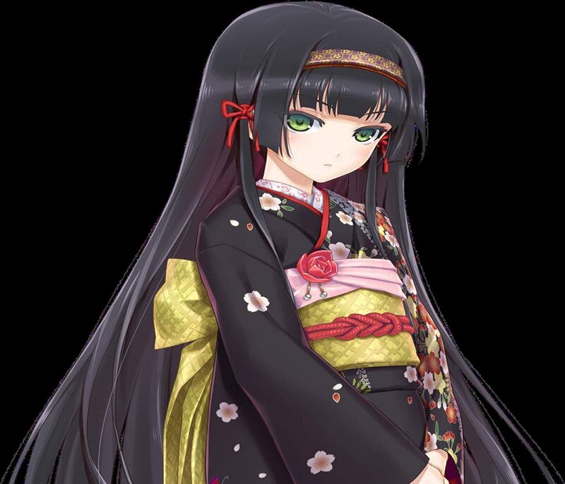 Anime Girl in Kimono — Black, Calm, Green Eyes