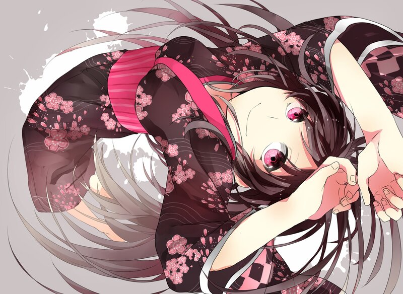 Anime Girl in Kimono — Black, Dramatic, Cherry Blossoms