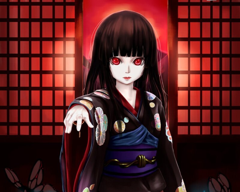 Anime Girl in Kimono — Black, Dramatic, Digital Art