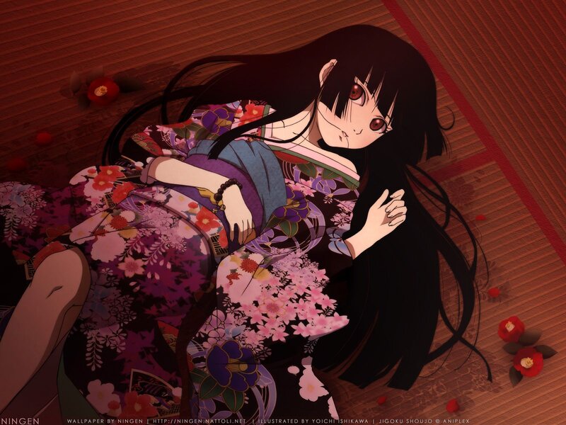 Anime Girl in Kimono — Black, Dramatic, Flowers