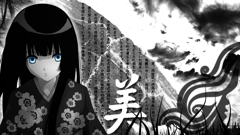 Anime Girl in Kimono — Black, Dramatic, Manga, Blue Eyes