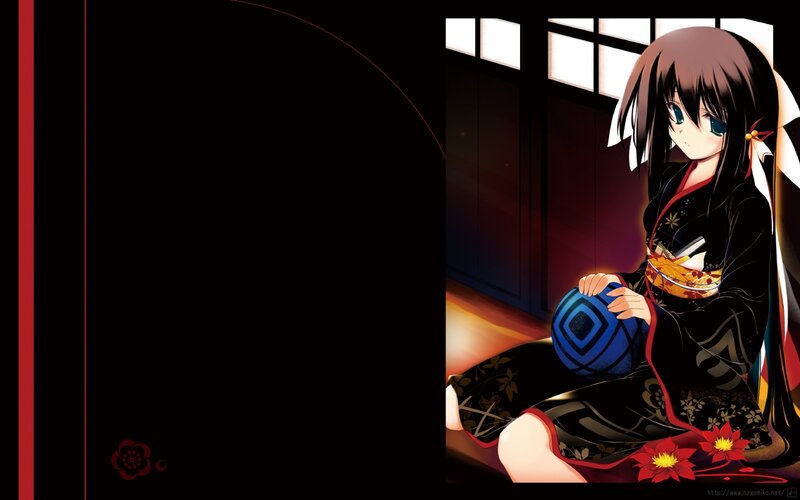 Anime Girl in Kimono — Black, Dramatic, Night, Ball