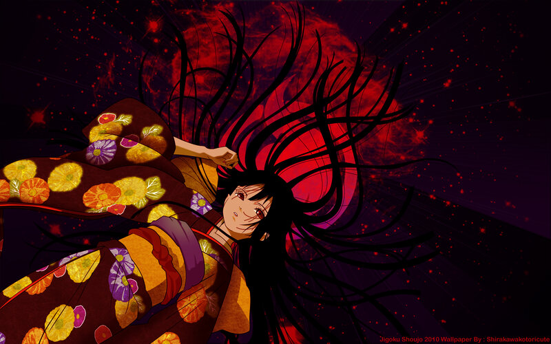 Anime Girl in Kimono — Black, Dramatic, Night, Long Hair
