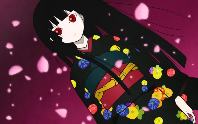 Anime Girl in Kimono — Black, Dramatic, Spring, Cherry Blossoms