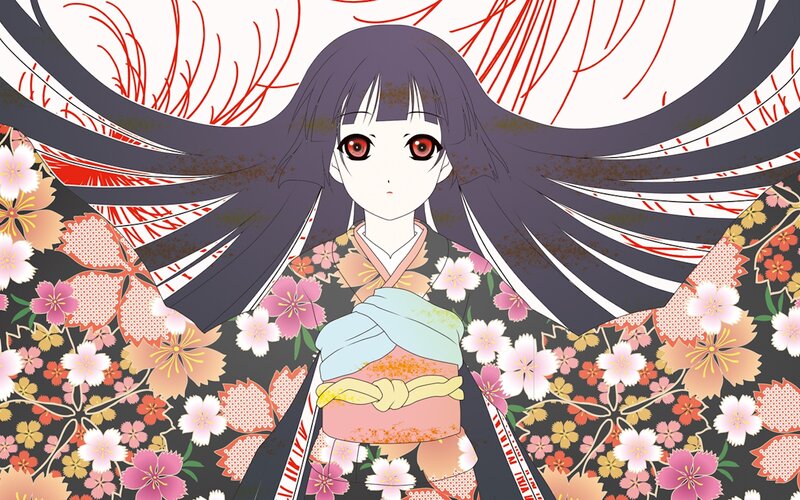 Anime Girl in Kimono — Black, Dramatic, Spring