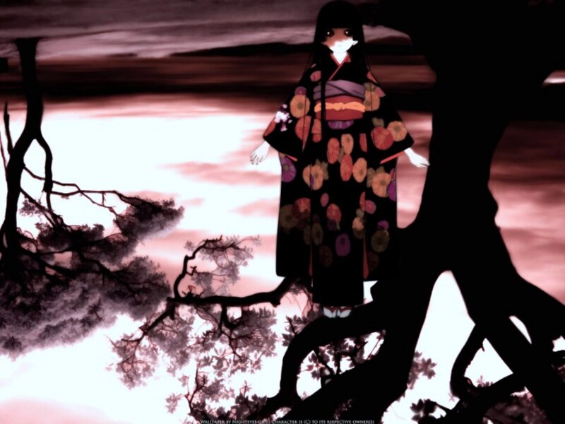 Anime Girl in Kimono — Black, Dramatic, Sunset, Digital Art