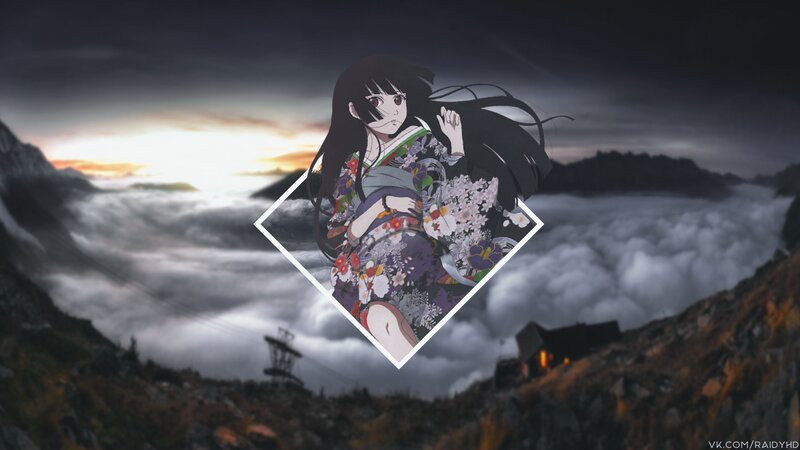 Anime Girl in Kimono — Black, Dramatic, Sunset, Mountain
