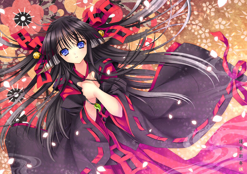 Anime Girl in Kimono — Black, Festive
