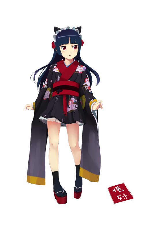 Anime Girl in Kimono — Black, Neutral, Digital Art