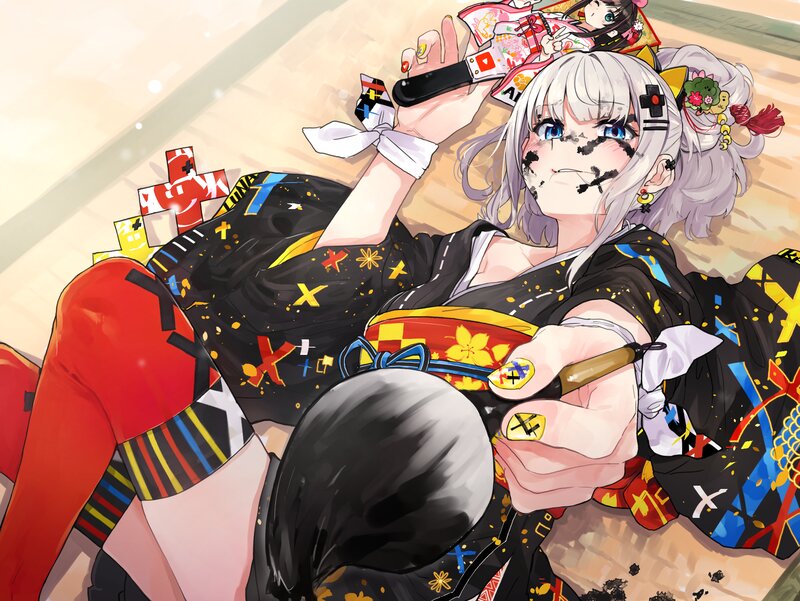 Anime Girl in Kimono — Black, Playful, Digital Art, Makeup