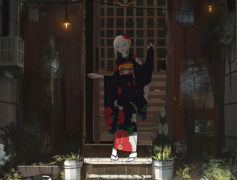 Anime Girl in Kimono — Black, Serene, Night, Digital Art, Lantern