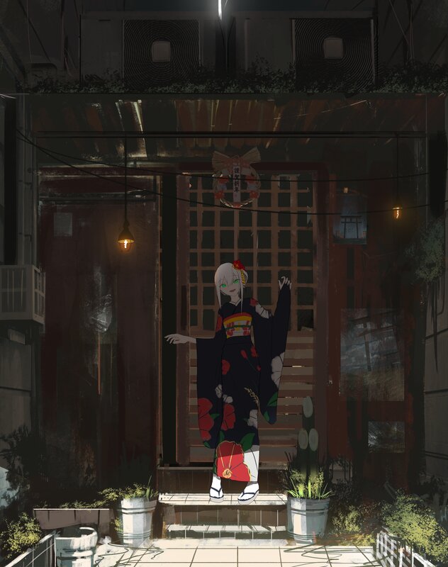 Anime Girl in Kimono — Black, Serene, Night, Digital Art, Lanterns