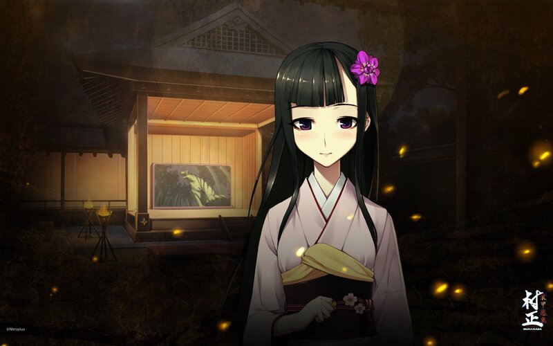 Anime Girl in Kimono — Black, Serene, Night, Flower