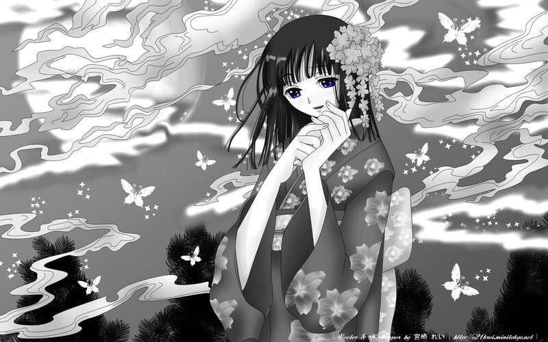 Anime Girl in Kimono — Black, Serene, Night, Manga