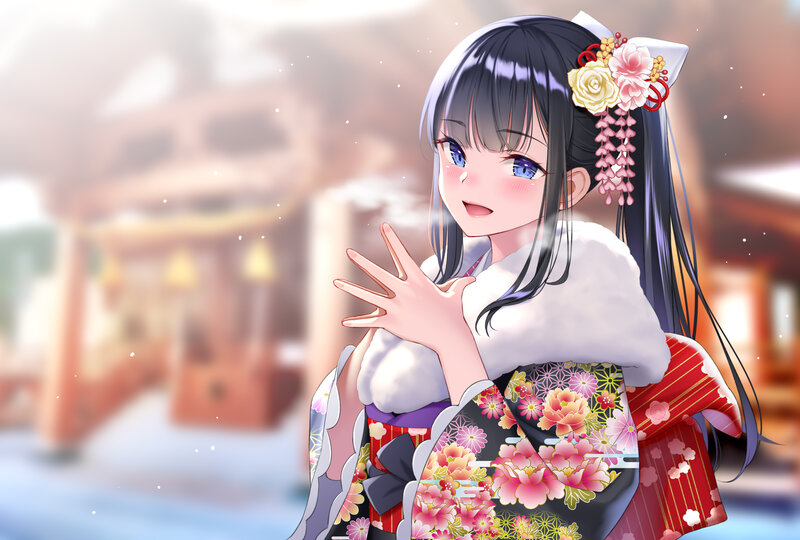 Anime Girl in Kimono — Black, Serene, Winter, Digital Art