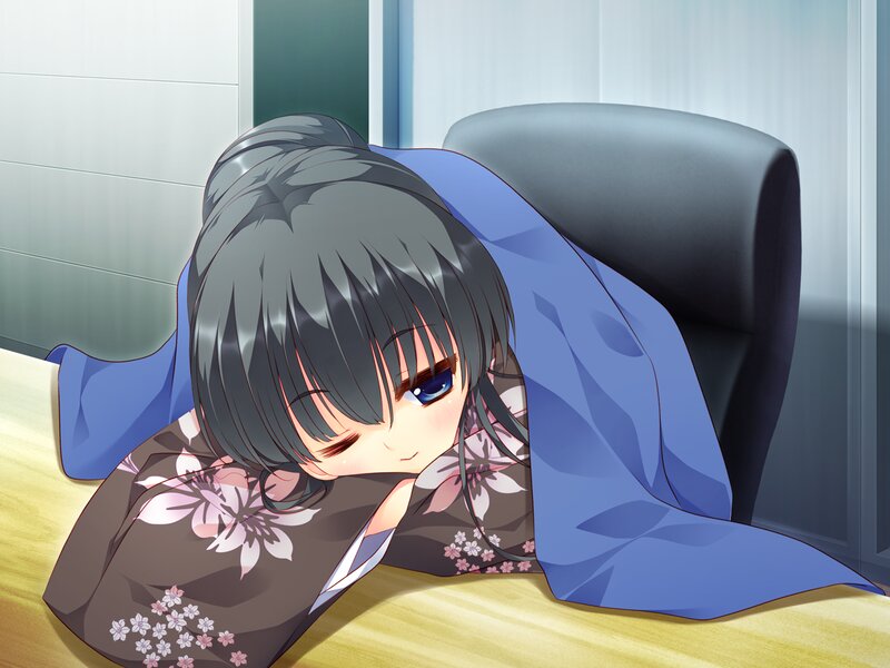 Anime Girl in Kimono — Blue, Calm, Desk, Chair