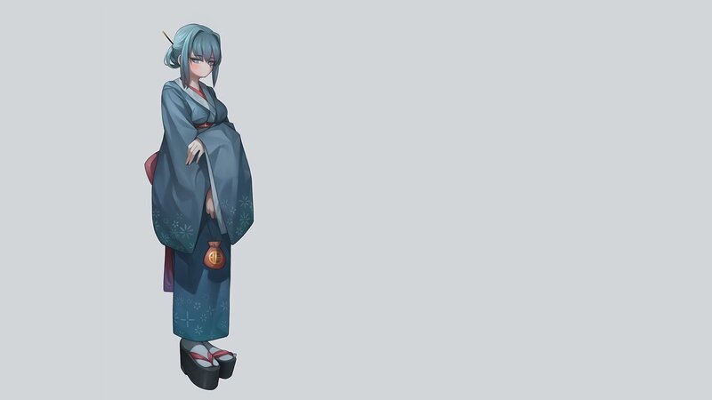 Anime Girl in Kimono — Blue, Calm, Digital Art, Geta