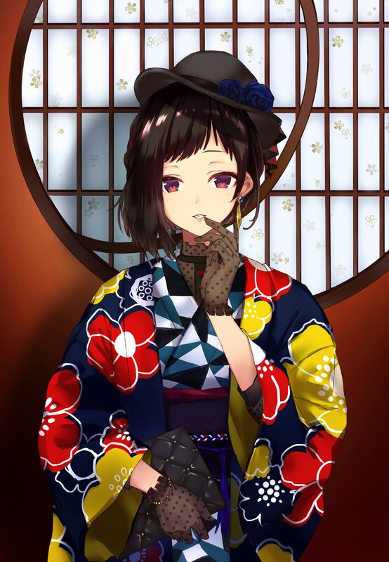 Anime Girl in Kimono — Blue, Calm, Digital Art, Hat