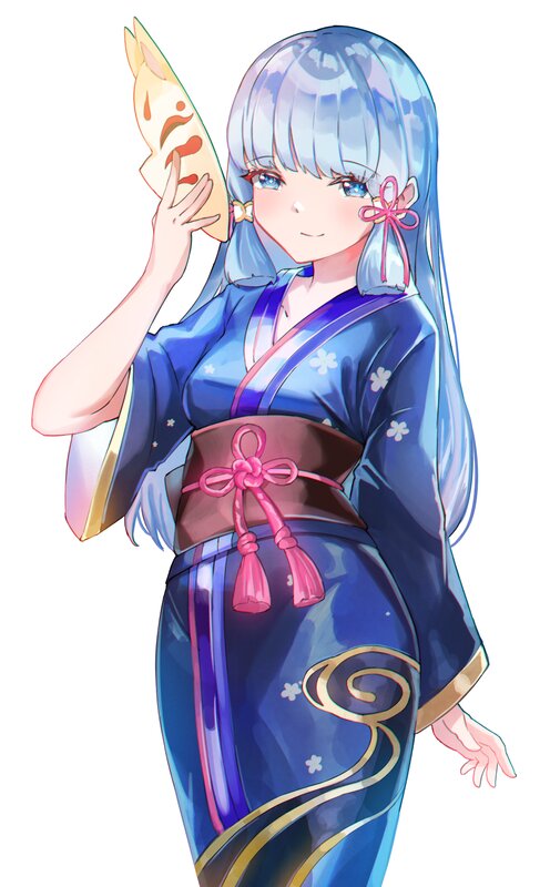 Anime Girl in Kimono — Blue, Calm, Digital Art, Mask