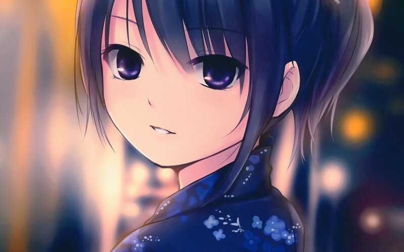 Anime Girl in Kimono — Blue, Calm, Night, Lights