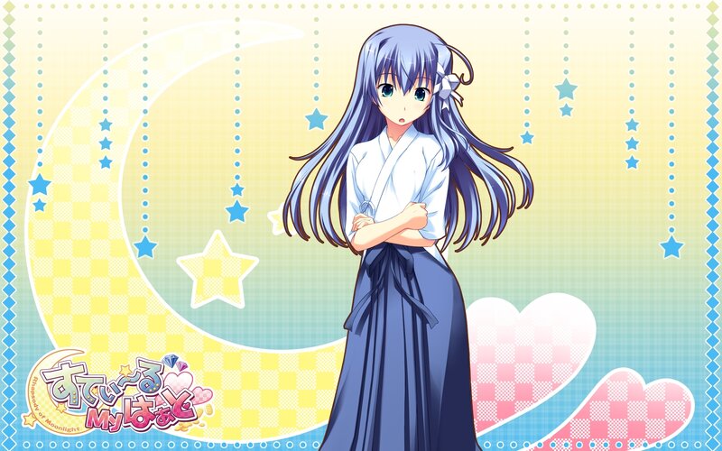 Anime Girl in Kimono — Blue, Calm, Night, Moon