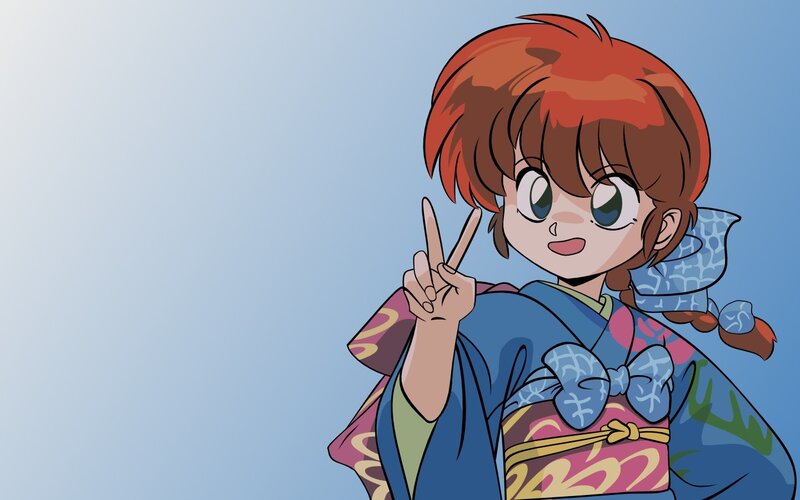 Anime Girl in Kimono — Blue, Cheerful, Peace Sign