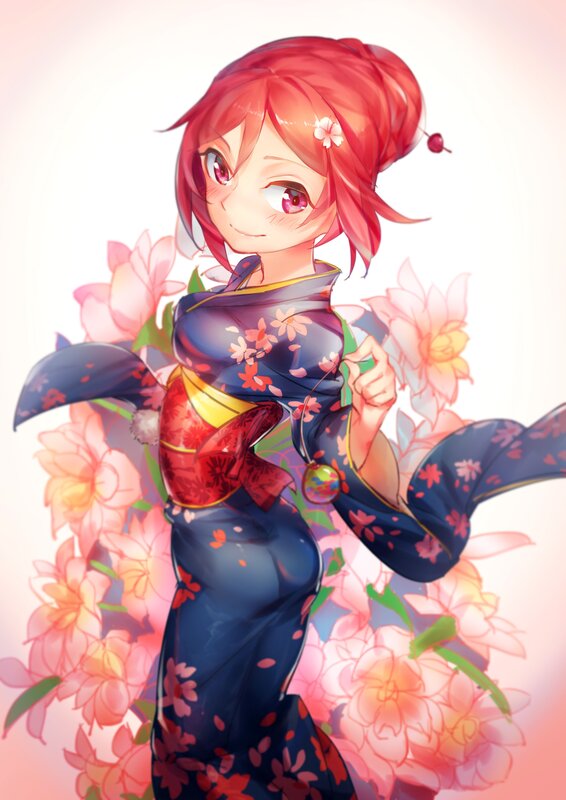Anime Girl in Kimono — Blue, Cheerful, Spring