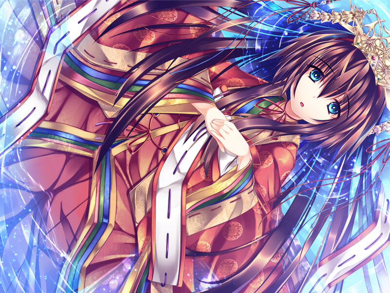 Anime Girl in Kimono — Blue, Dramatic, Crown
