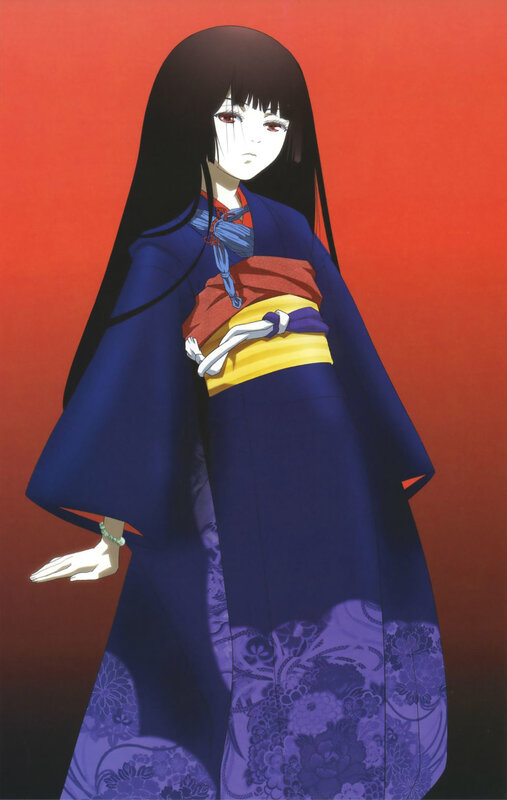 Anime Girl in Kimono — Blue, Dramatic, Long Hair, Red Background