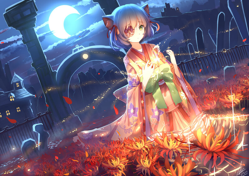 Anime Girl in Kimono — Blue, Dramatic, Night, Digital Art, Cat Ears