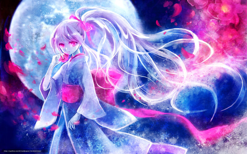 Anime Girl in Kimono — Blue, Dramatic, Night, Digital Art, Moon, Petals