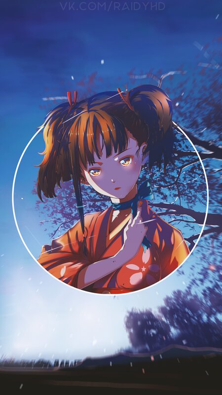 Anime Girl in Kimono — Blue, Dramatic, Night, Digital Art, Pigtails