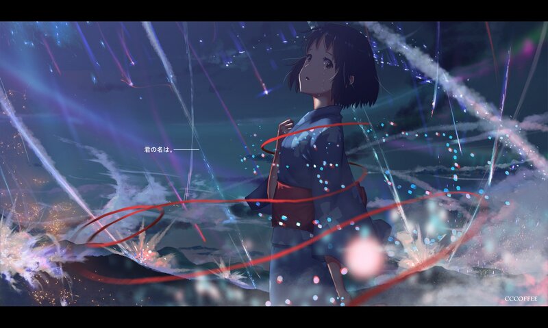 Anime Girl in Kimono — Blue, Dramatic, Night, Fireworks