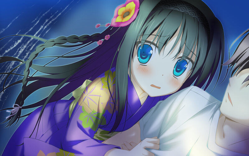 Anime Girl in Kimono — Blue, Dramatic, Night, Flower
