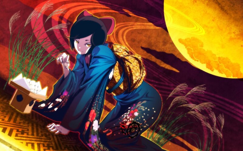 Anime Girl in Kimono — Blue, Dramatic, Night, Moon