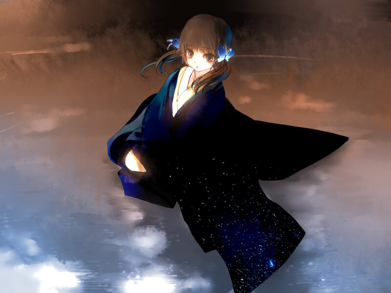 Anime Girl in Kimono — Blue, Dramatic, Night