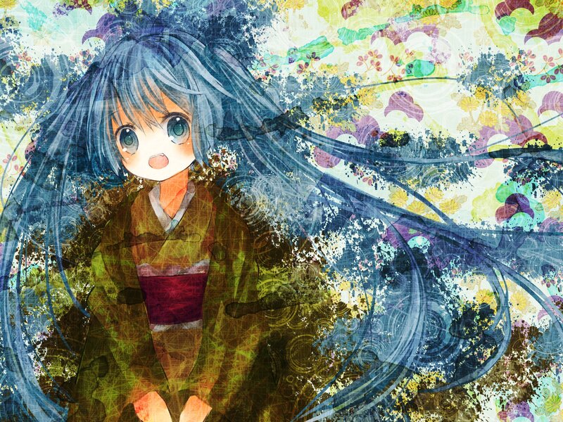 Anime Girl in Kimono — Blue, Dreamy, Digital Art