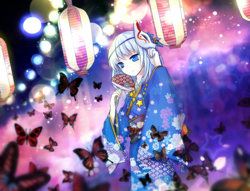 Anime Girl in Kimono — Blue, Dreamy, Night, Digital Art