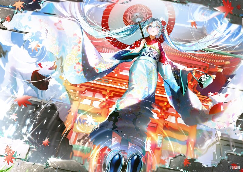 Anime Girl in Kimono — Blue, Dynamic, Autumn