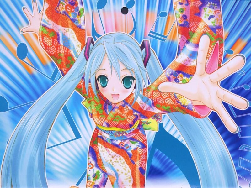 Anime Girl in Kimono — Blue, Energetic