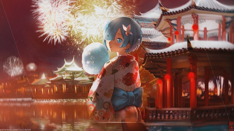 Anime Girl in Kimono — Blue, Festive, Night, Digital Art, Fireworks, Pagoda