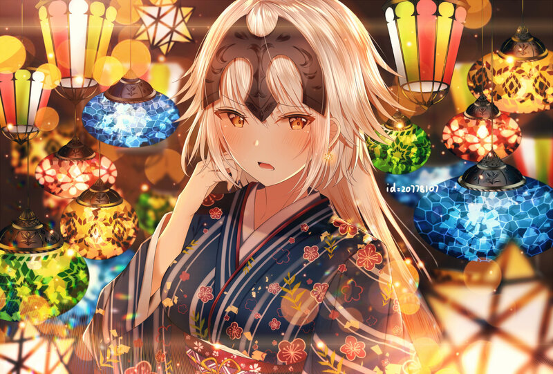 Anime Girl in Kimono — Blue, Festive, Night, Digital Art, Lanterns