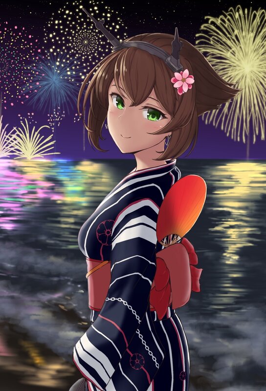 Anime Girl in Kimono — Blue, Festive, Night, Digital Art