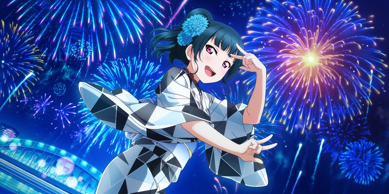 Anime Girl in Kimono — Blue, Festive, Night, Fireworks
