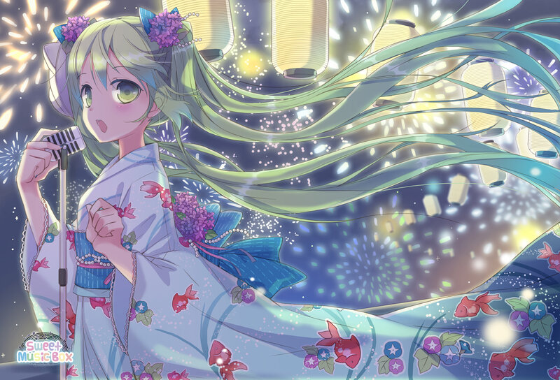 Anime Girl in Kimono — Blue, Festive, Night