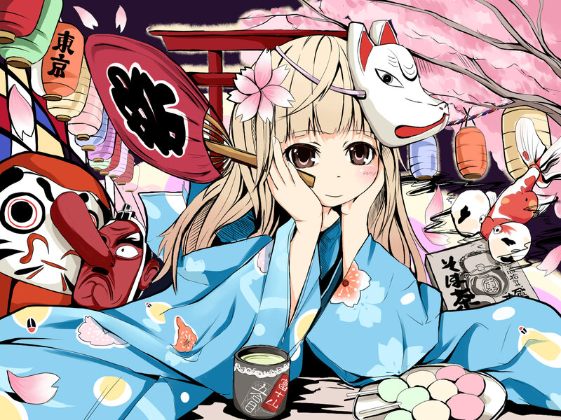 Anime Girl in Kimono — Blue, Festive, Spring