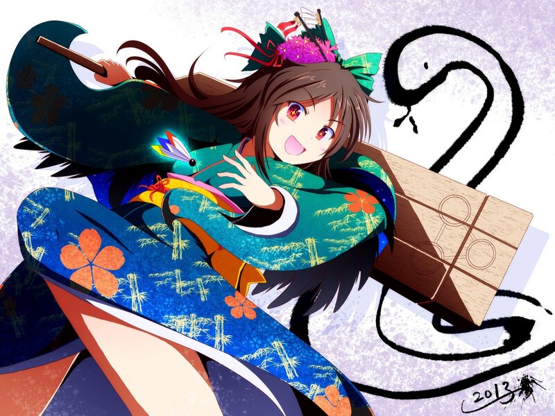 Anime Girl in Kimono — Blue, Playful, Digital Art