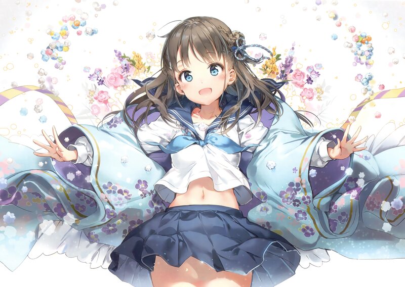Anime Girl in Kimono — Blue, Playful, Spring, Digital Art