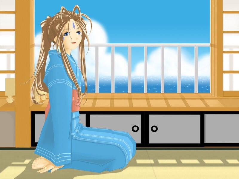 Anime Girl in Kimono — Blue, Serene, Afternoon, Balcony