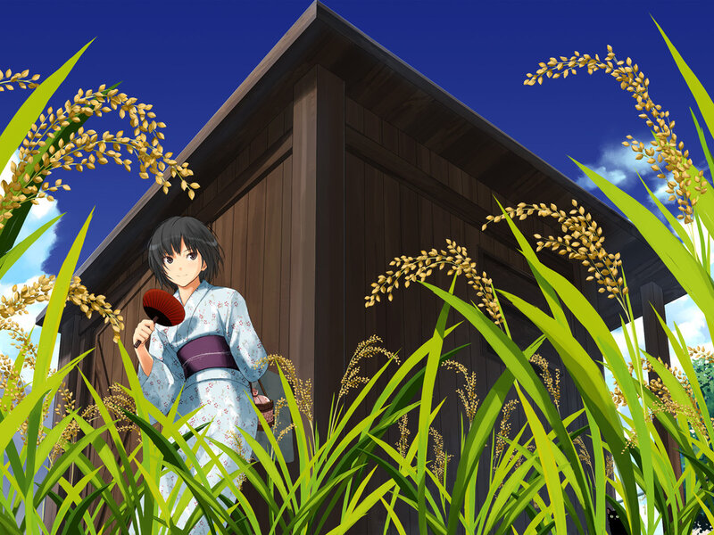 Anime Girl in Kimono — Blue, Serene, Afternoon, Fan